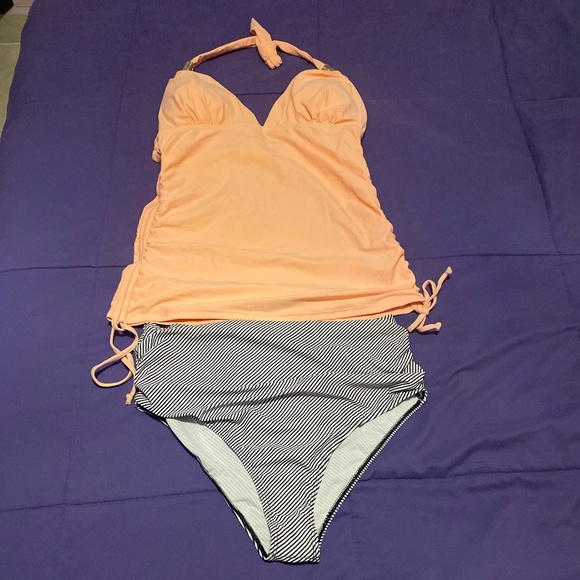 Other - Sweetheart Peach Tankini & Striped Bikini Bottom Swimsuit Size L